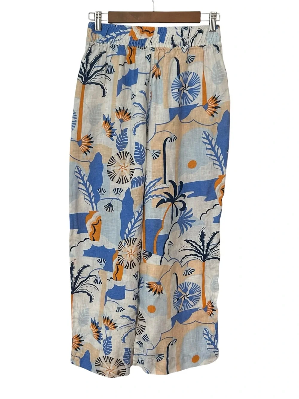 Nicole Miller 100% Linen Wide Leg Tropical Floral Summer Pant SZ M Blue Orange